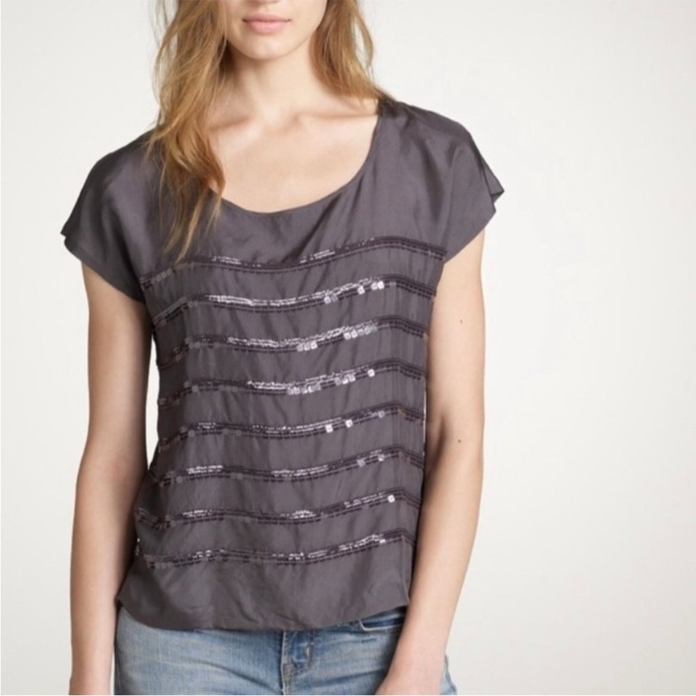 J. Crew 100% Silk Blouse with Sequins, Dark Blue Gray, Size 10, Lightweight - Picture 2 of 7